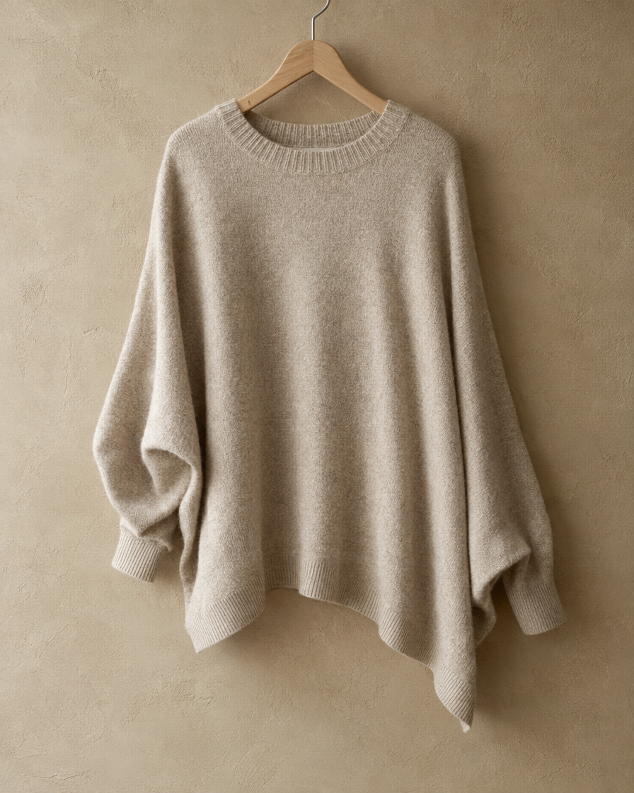 Ghent Warm Wool-Blend Draped Sweater with Asymmetric Hem — neckline and draped sleeve detail