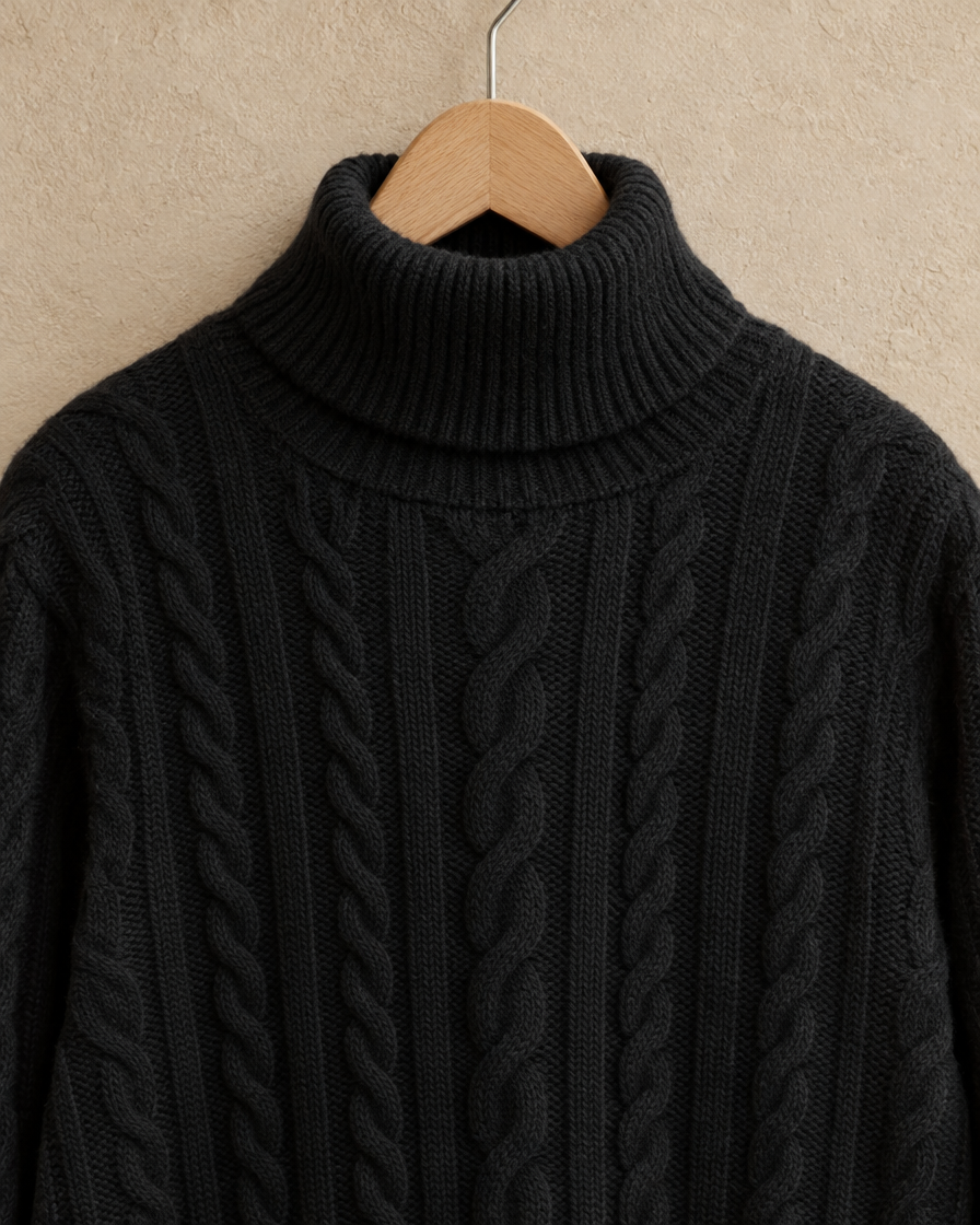 ONORA Gloucester Cable Knit Ribbed Turtleneck Sweater — turtleneck and cable detail