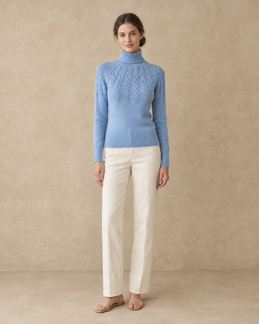ONORA Gloucester Cable Knit Ribbed Turtleneck Sweater — Sky Blue