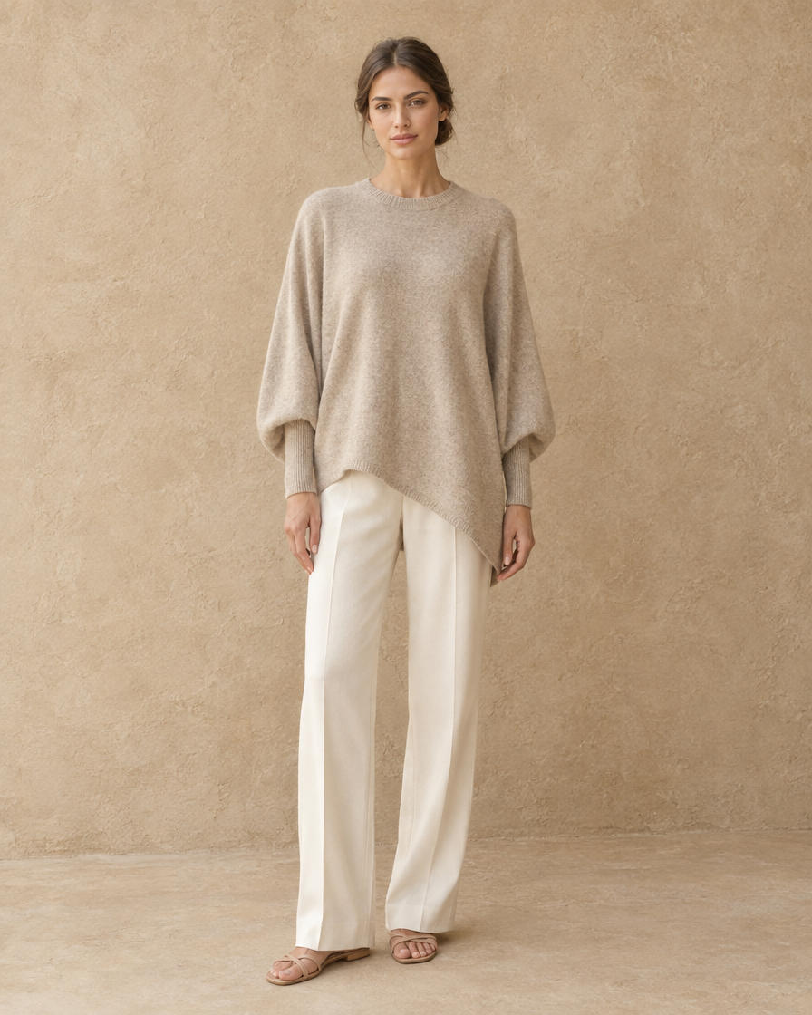 ONORA Ghent Wool-Blend Draped Sweater with Asymmetric Hem — full length front, Beige