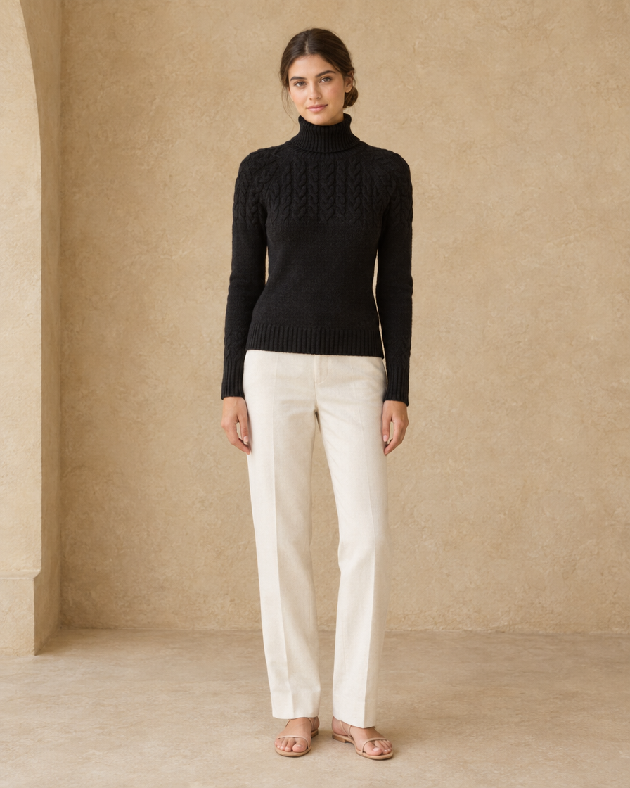ONORA Gloucester Cable Knit Ribbed Turtleneck Sweater — full length front, Black