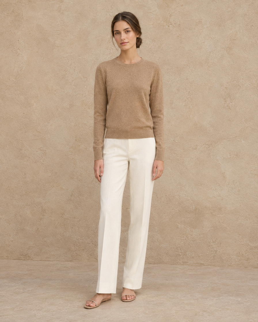 ONORA Frostfield Merino Wool Crew Neck Sweater — full length front, Camel