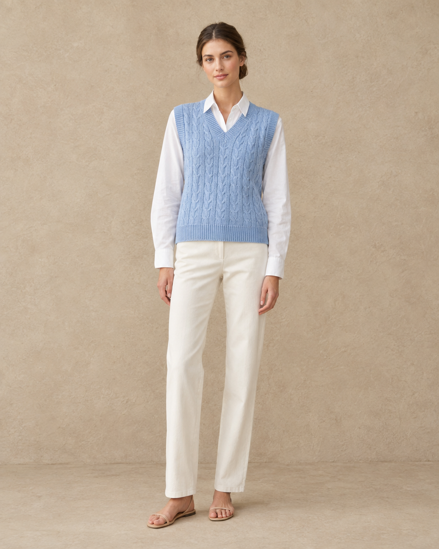 ONORA Falmouth Cable Knit Sweater Vest — Sky Blue