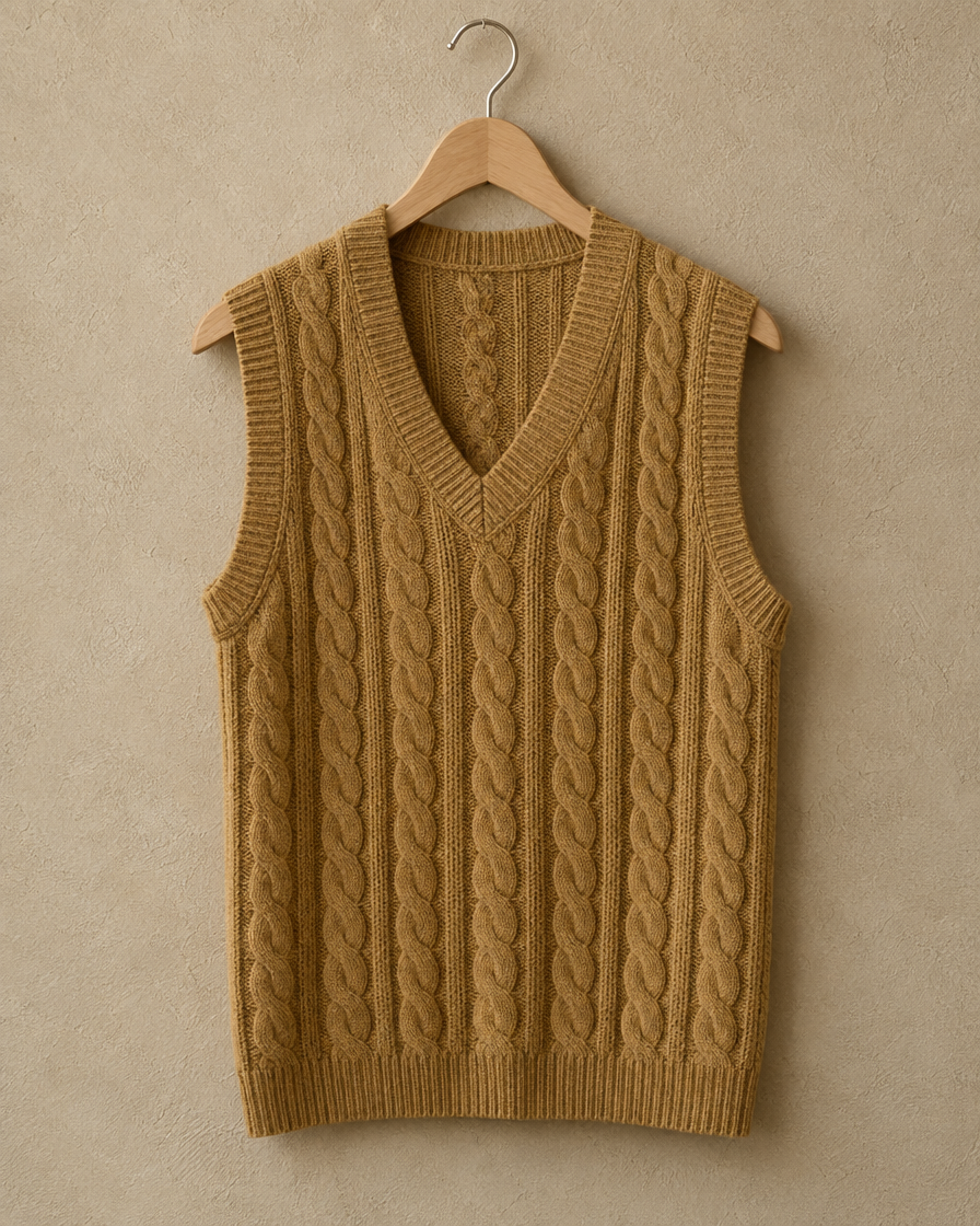 ONORA Falmouth Cable Knit Sweater Vest — cable knit and V-neck detail