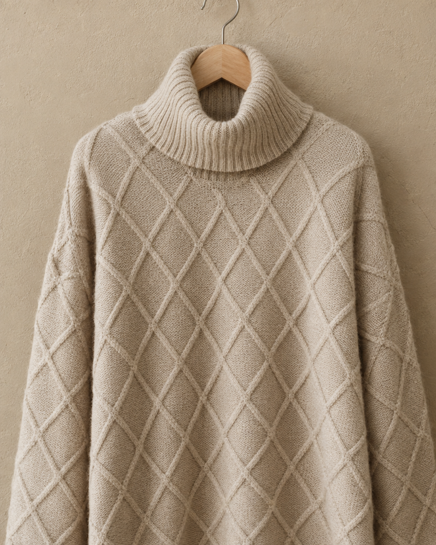 Fairfield Cozy Diamond Knit Oversized Turtleneck Sweater — turtleneck and diamond knit detail