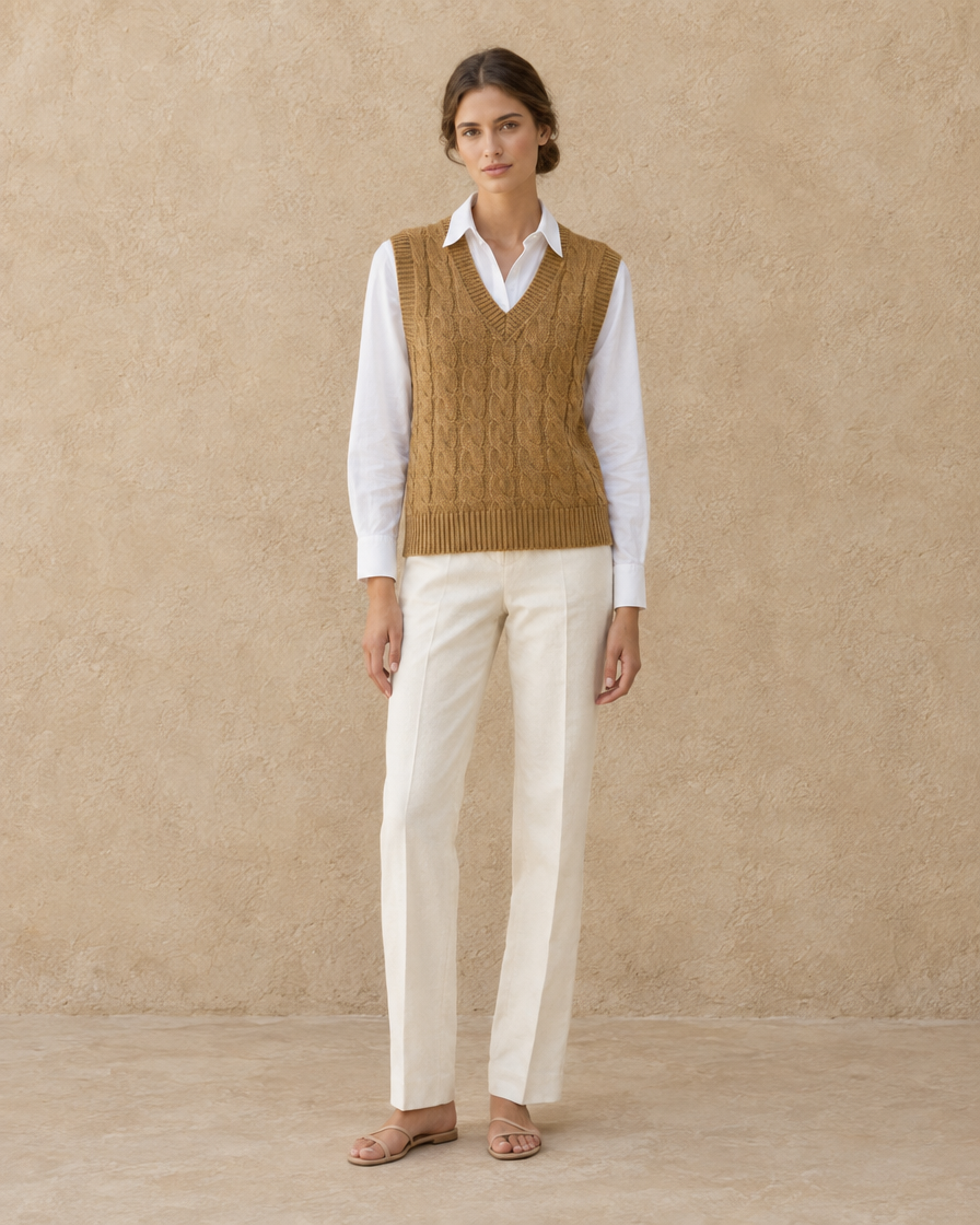 ONORA Falmouth Cable Knit Sweater Vest — full length front, Yellowish-Brown
