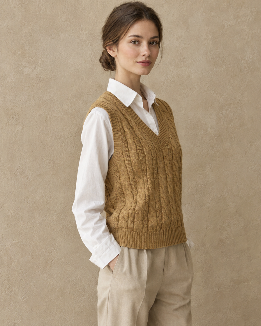 ONORA Falmouth Cable Knit Sweater Vest — three-quarter view