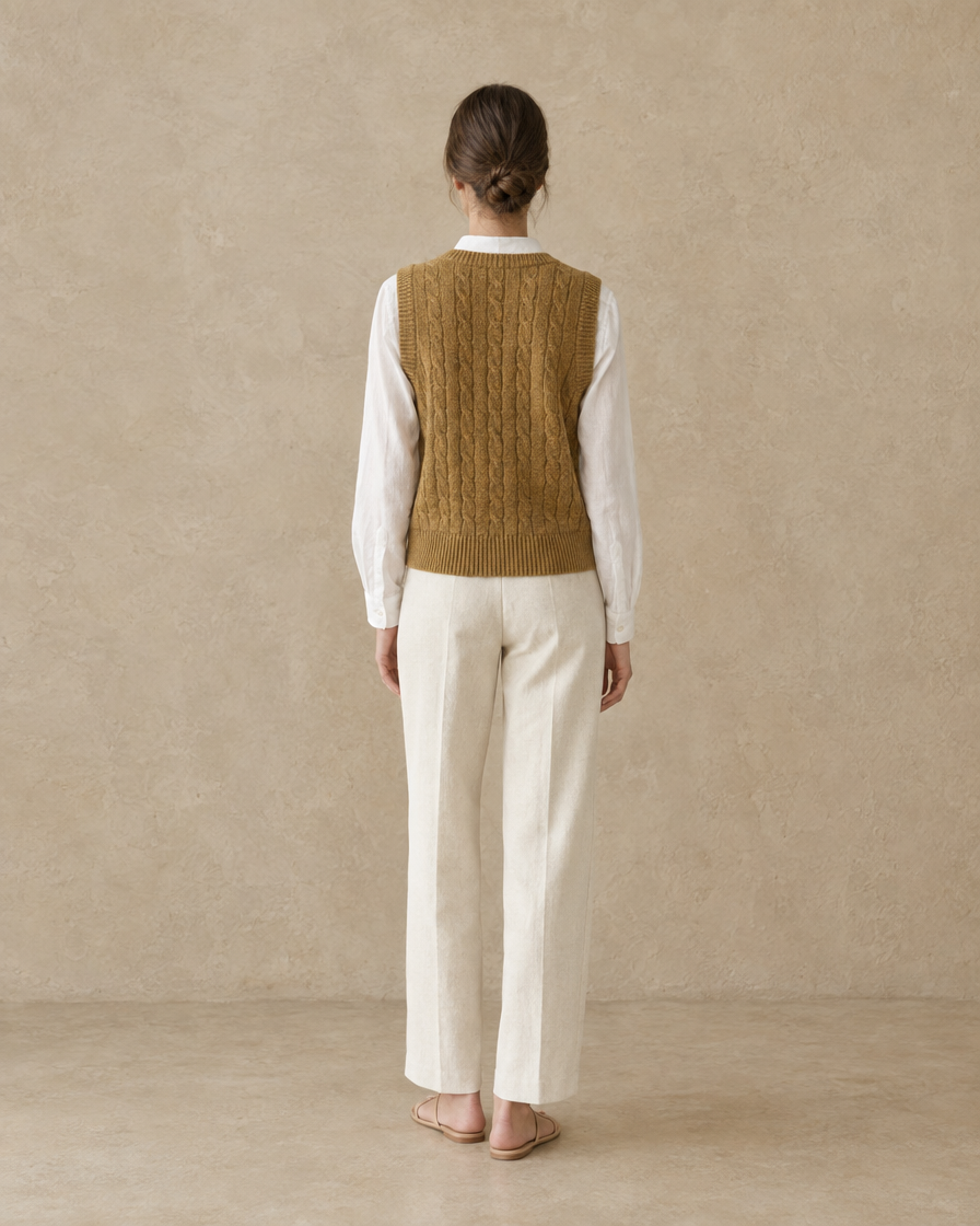 ONORA Falmouth Cable Knit Sweater Vest — full length back