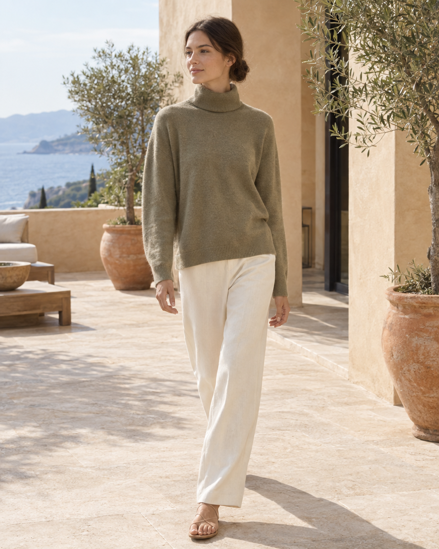 ONORA Erice Loose-Fit Fine Knit Turtleneck Sweater — worn on a villa terrace