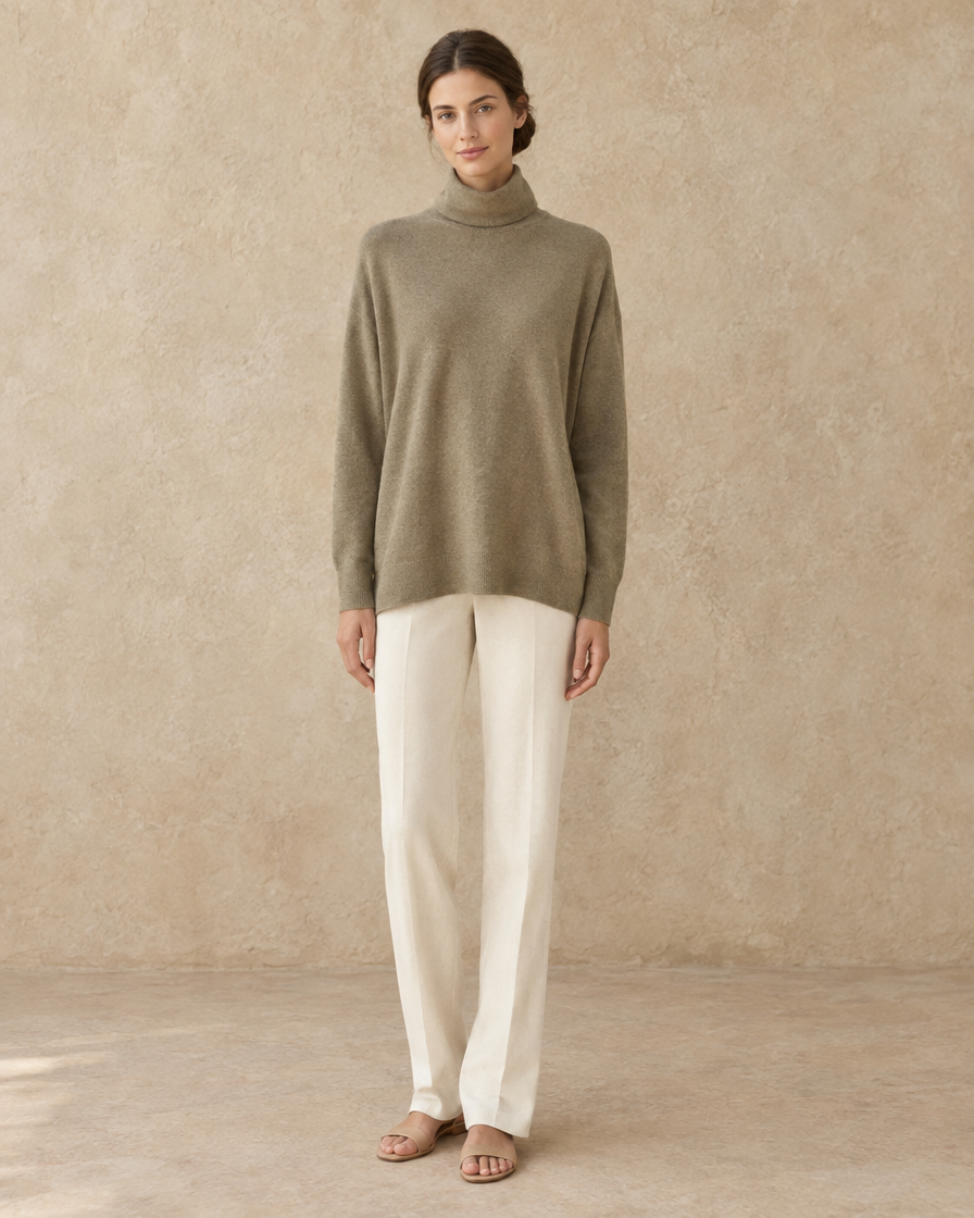 ONORA Erice Loose-Fit Fine Knit Turtleneck Sweater — full length front, Khaki