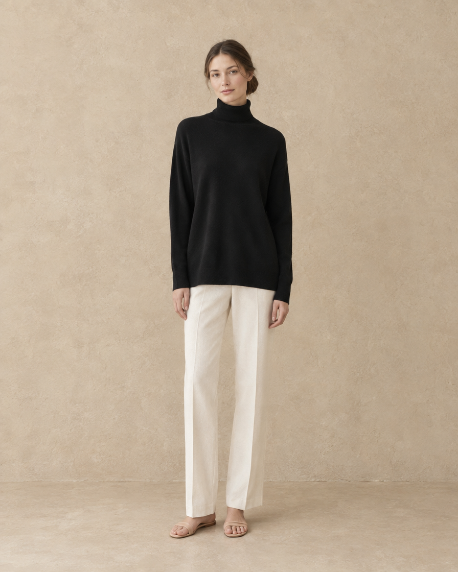 ONORA Erice Loose-Fit Fine Knit Turtleneck Sweater — Black