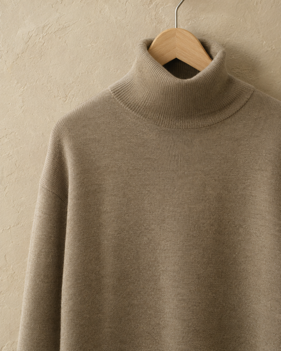 ONORA Erice Loose-Fit Fine Knit Turtleneck Sweater — turtleneck and knit detail