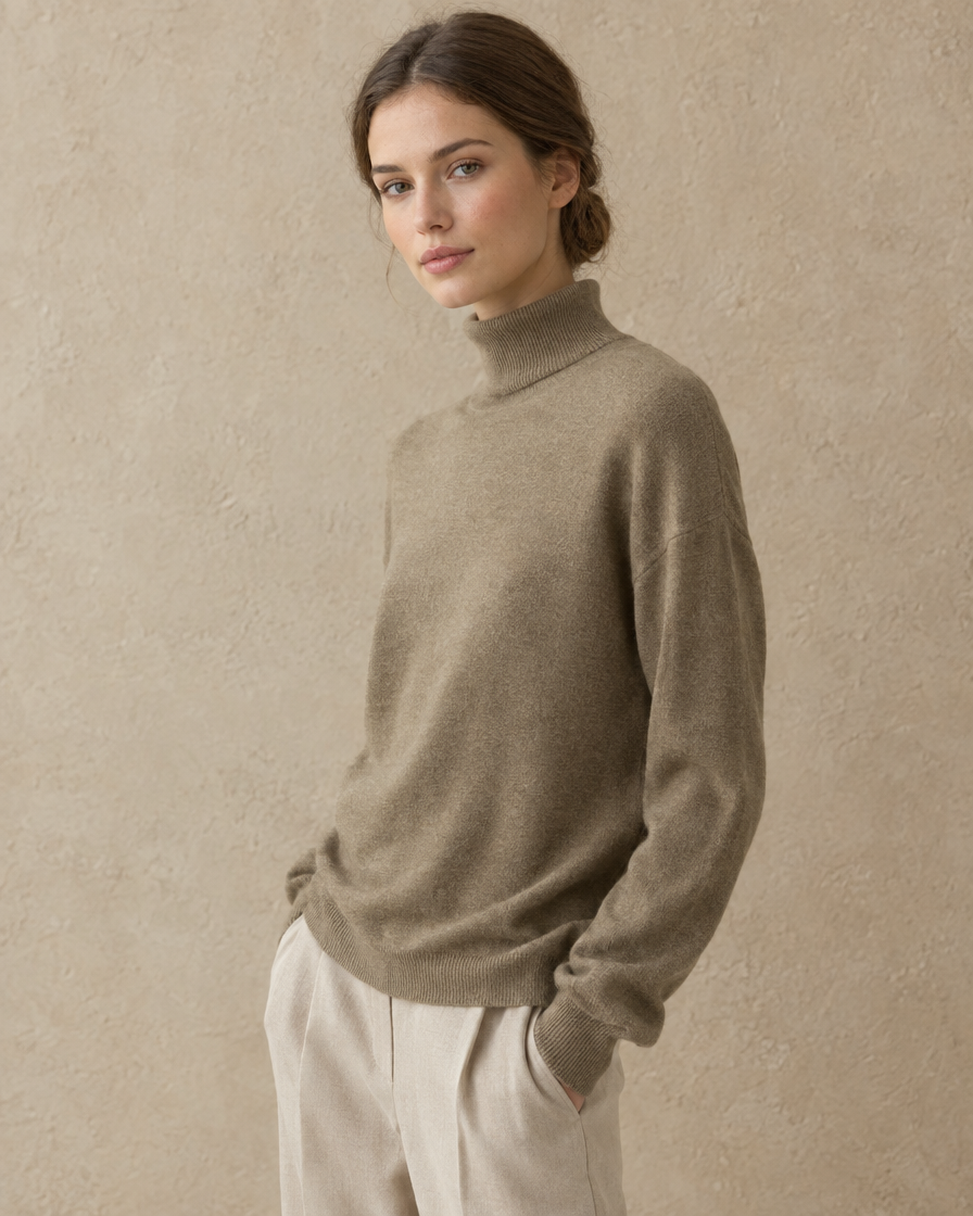 ONORA Erice Loose-Fit Fine Knit Turtleneck Sweater — three-quarter view