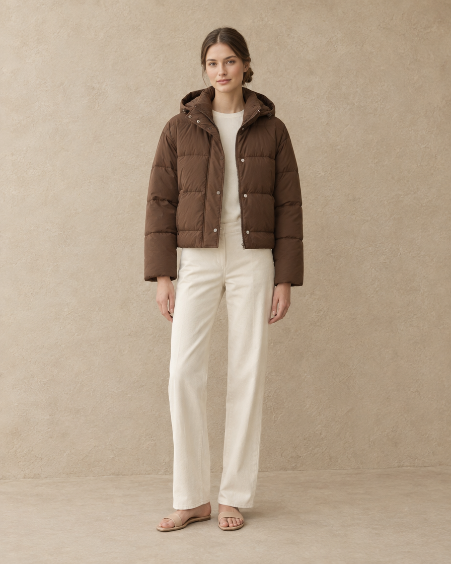ONORA Cropped Puffer Jacket with Hood — Brown