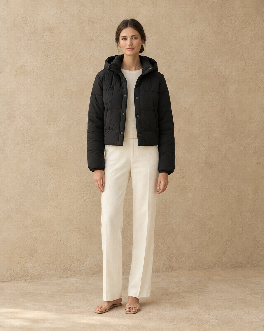 ONORA Cropped Puffer Jacket with Hood — full length front, Black