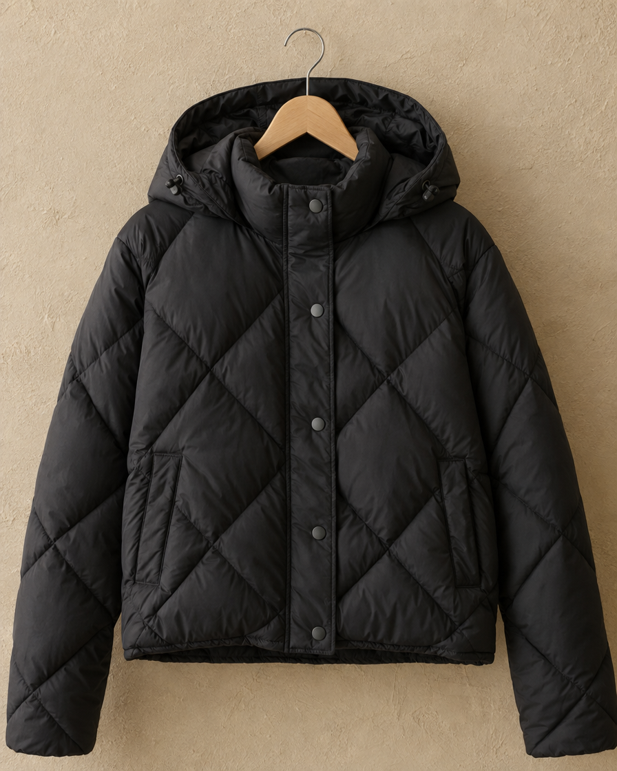 ONORA Cropped Puffer Jacket with Hood — hood and snap detail