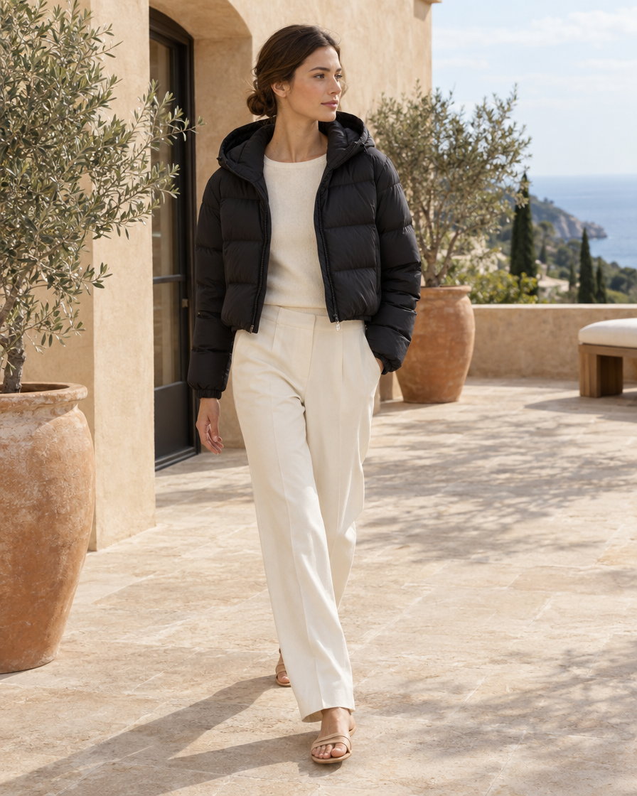 ONORA Cropped Puffer Jacket with Hood — worn on a villa terrace