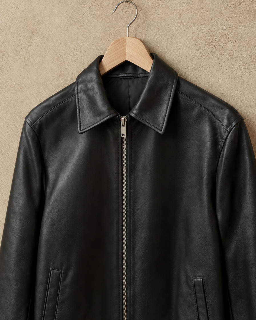 ONORA Faux Leather Jacket — collar and zipper detail