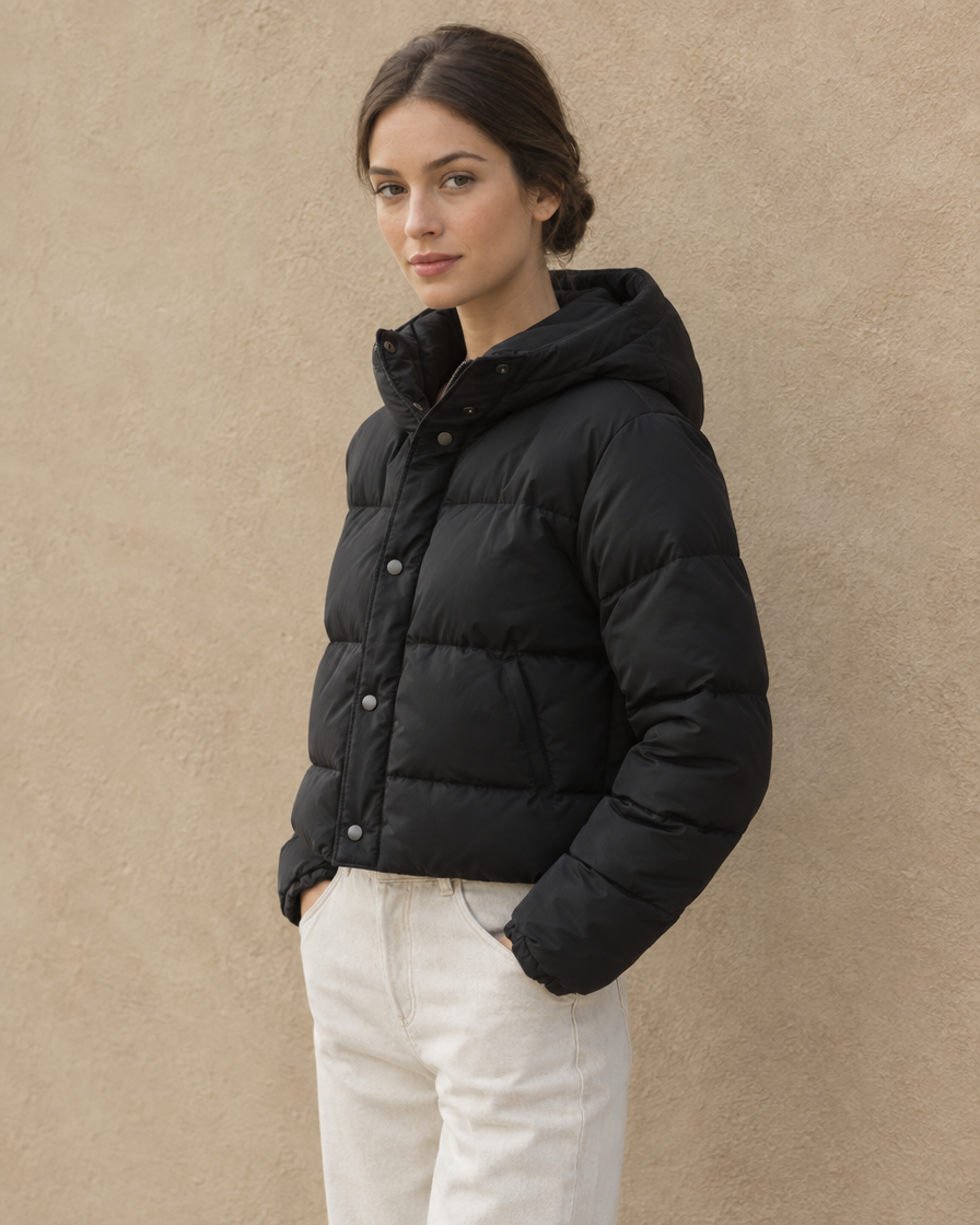 ONORA Cropped Puffer Jacket with Hood — three-quarter view