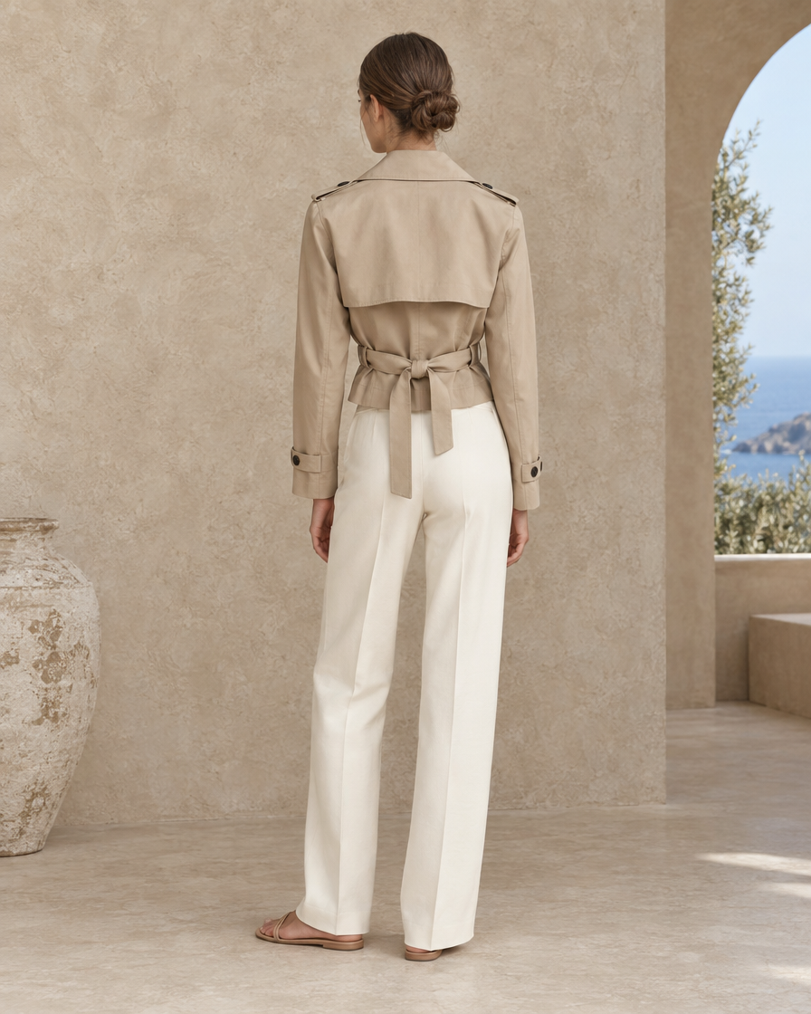 ONORA Belgrave Belted Cropped Trench Jacket — full length back
