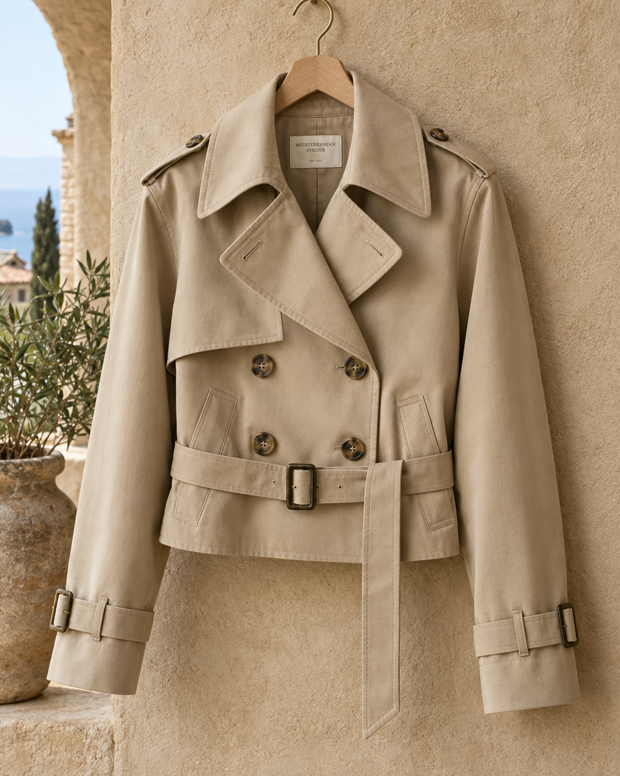 ONORA Belgrave Belted Cropped Trench Jacket — button and collar detail
