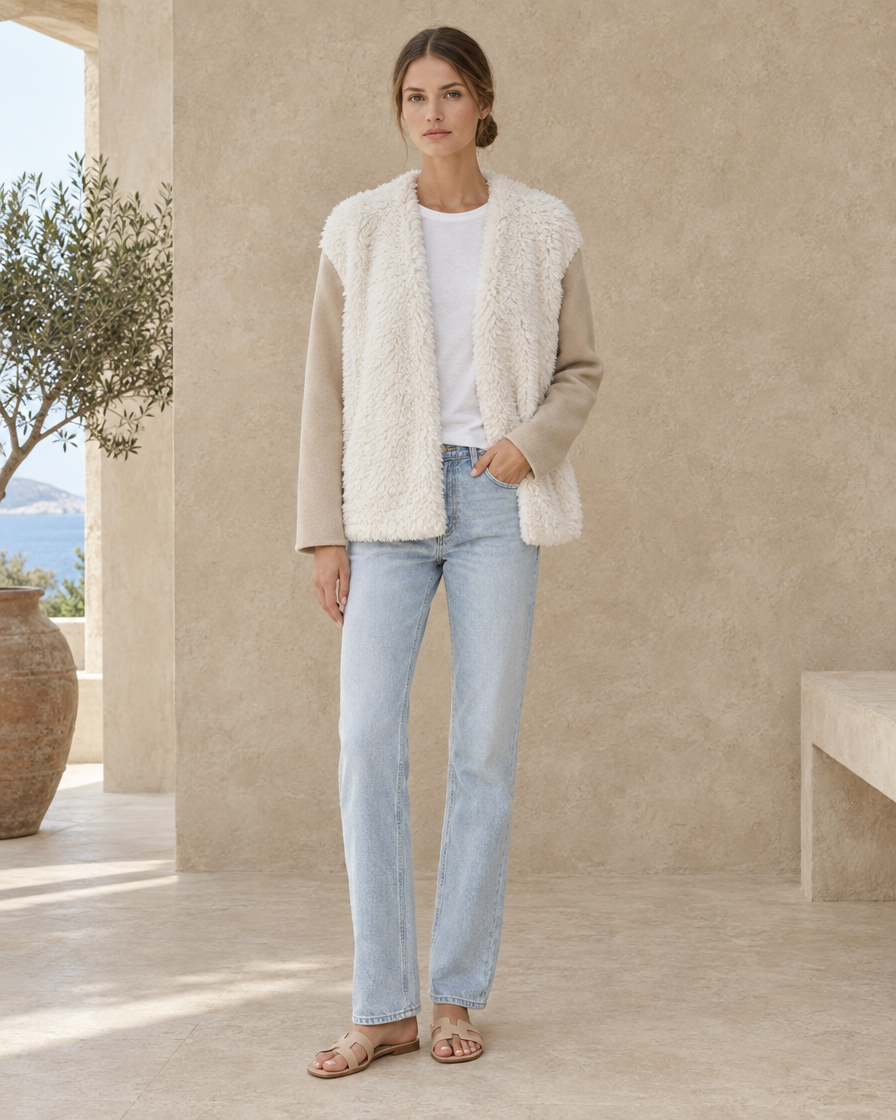 ONORA Loose Fit Plush Shaggy Jacket — full length front, White with Beige sleeves
