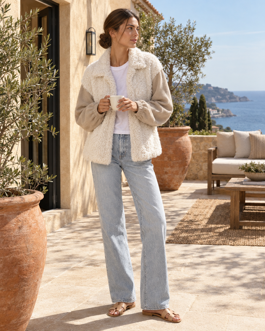 ONORA Loose Fit Plush Shaggy Jacket — worn on a villa terrace
