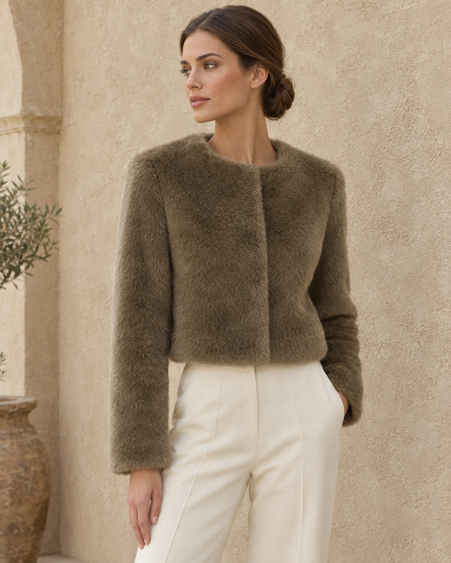 ONORA Sorrel Cropped Faux Fur Jacket — three-quarter view