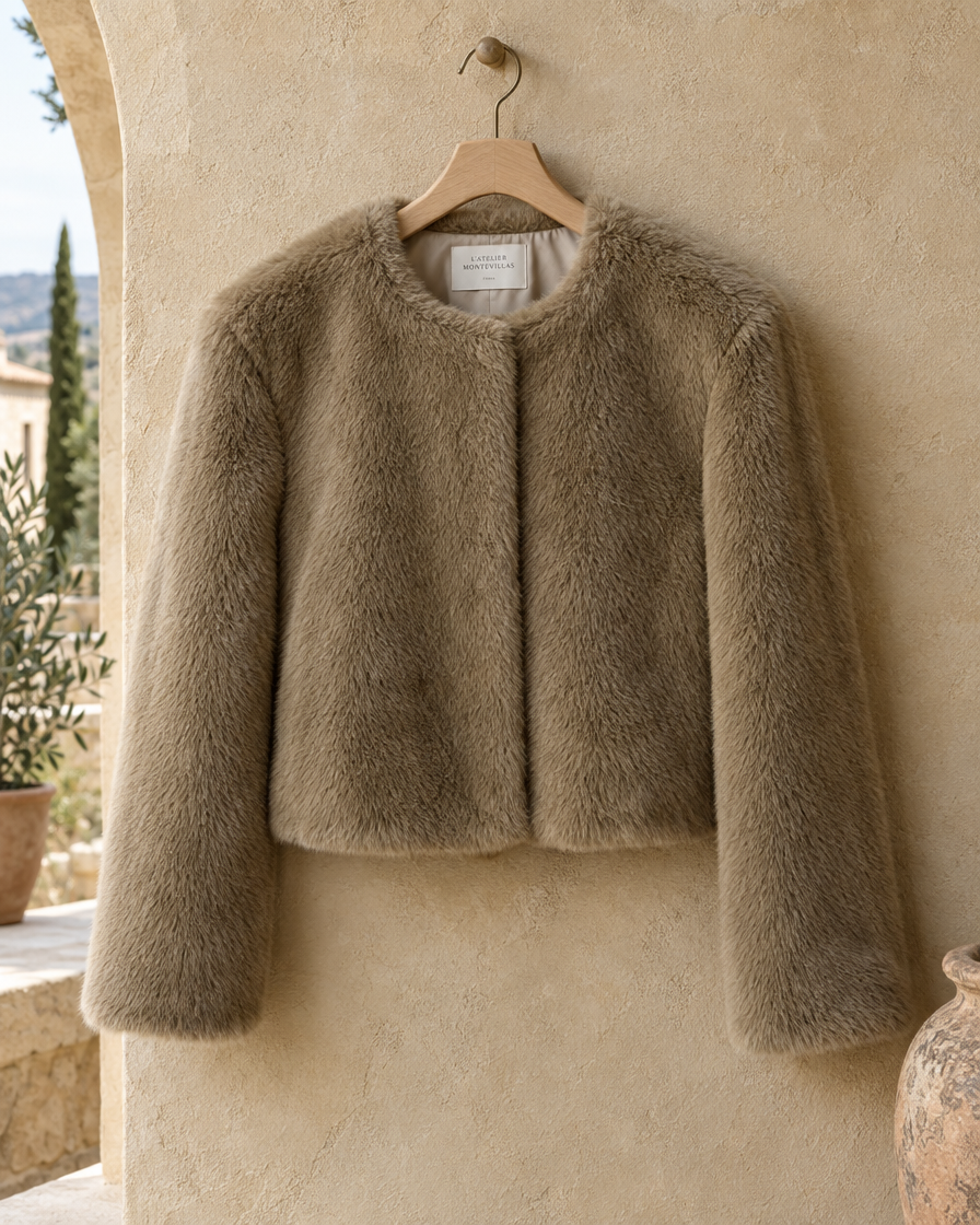 ONORA Sorrel Cropped Faux Fur Jacket — fur and neckline detail
