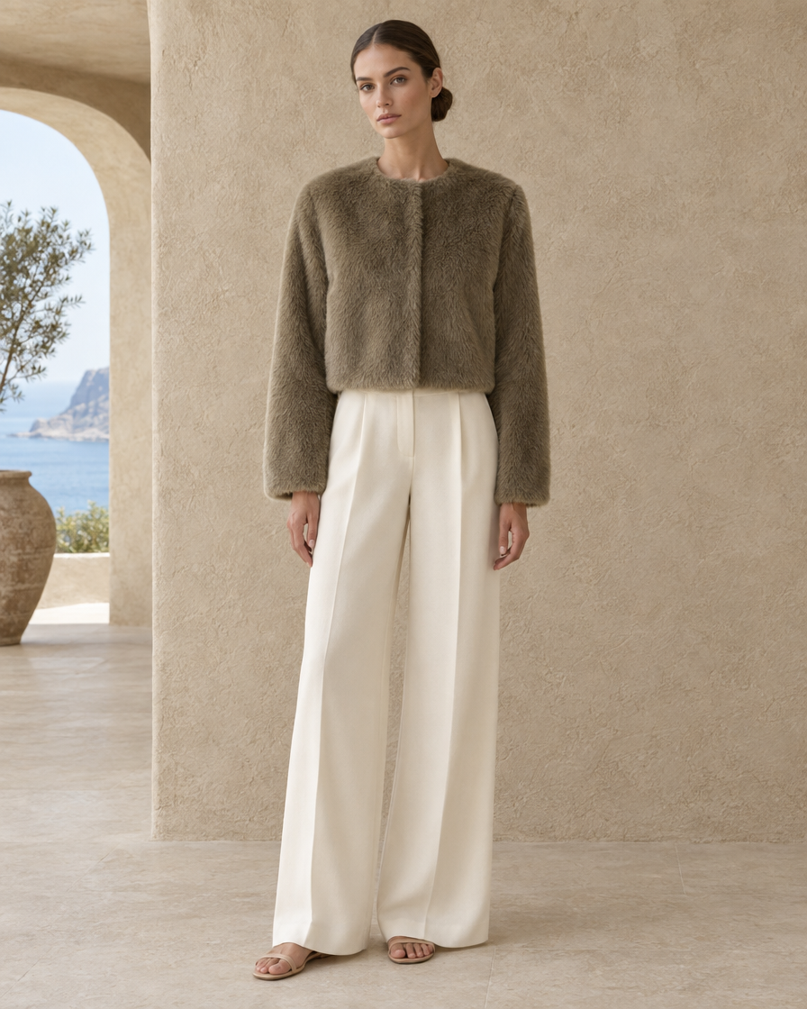 ONORA Sorrel Cropped Faux Fur Jacket — full length front, Khaki