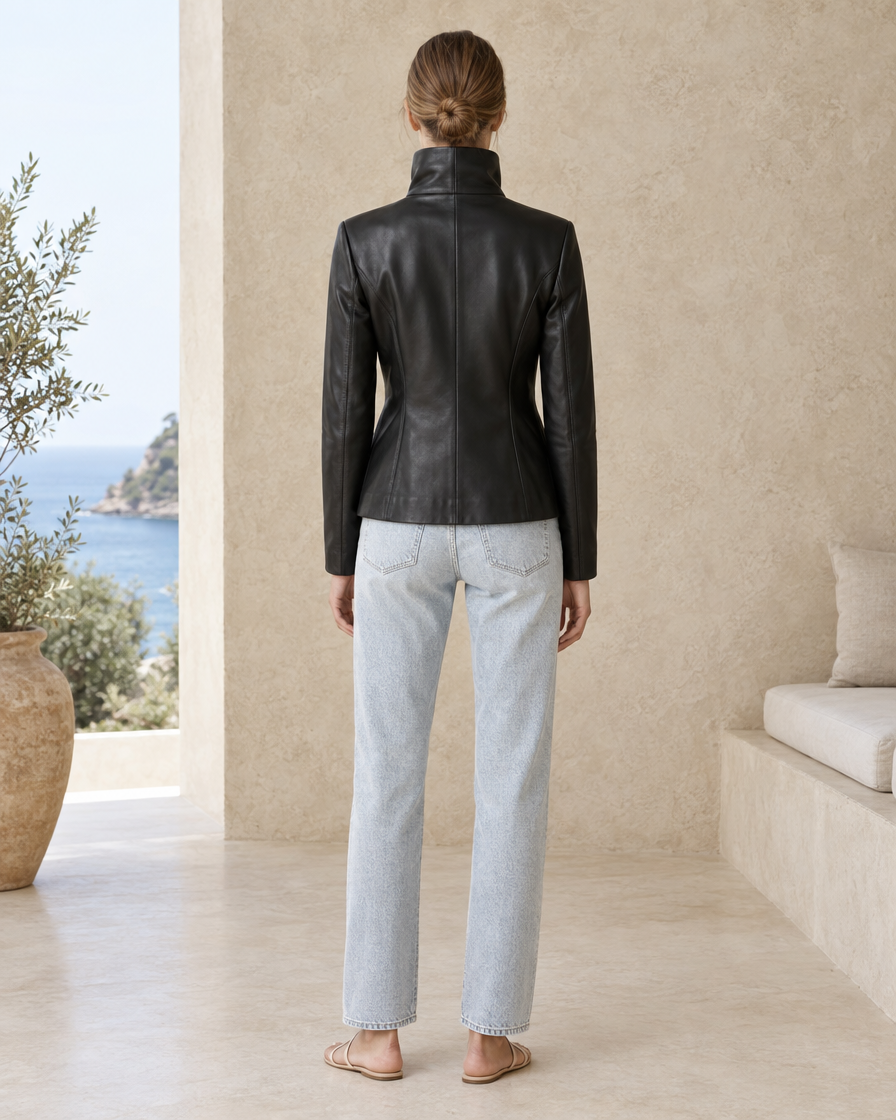 ONORA Graciela High-Neck Zip-Up Leather Jacket — full length back