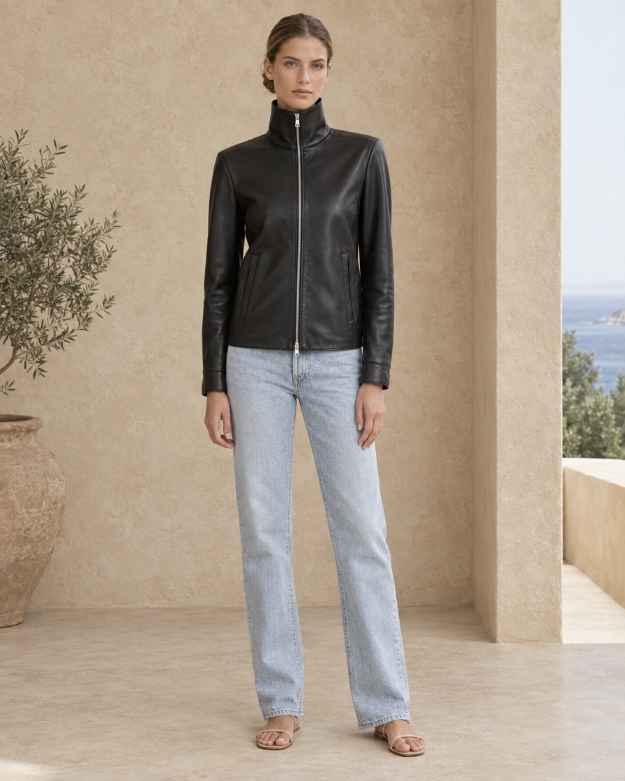 ONORA Graciela High-Neck Zip-Up Leather Jacket — full length front, Black