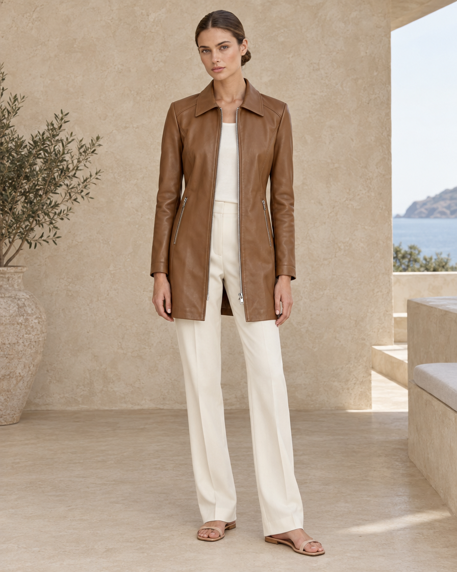 ONORA Beren Longline Leather Jacket — full length front, Caramel