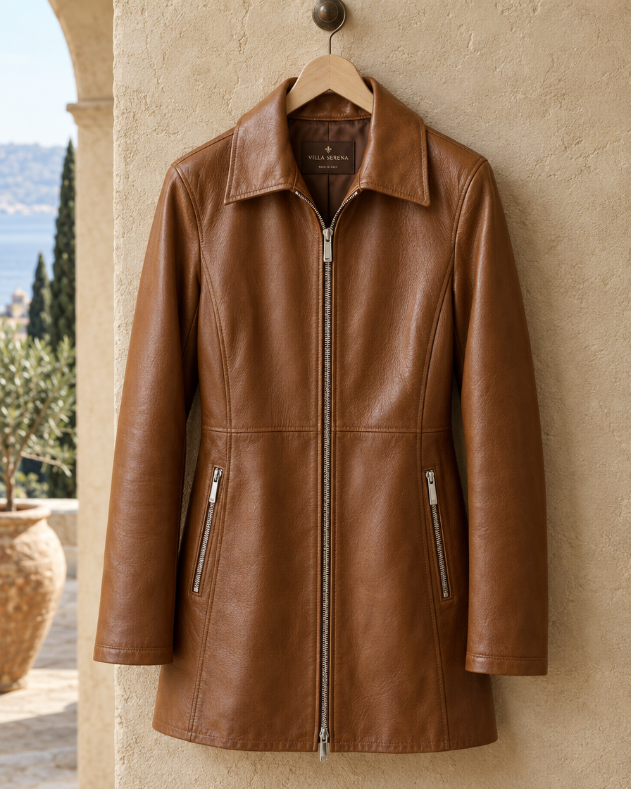 ONORA Beren Longline Leather Jacket — collar and zip detail