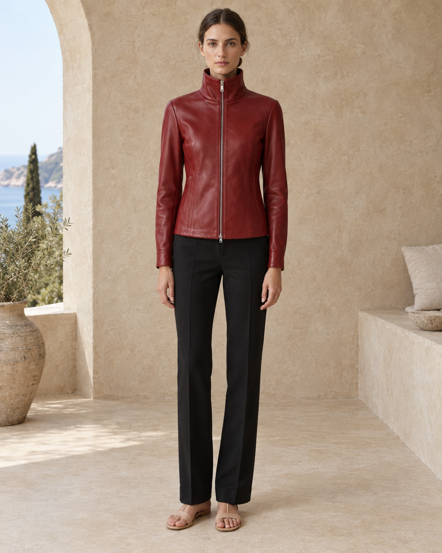 ONORA Graciela High-Neck Zip-Up Leather Jacket — Red