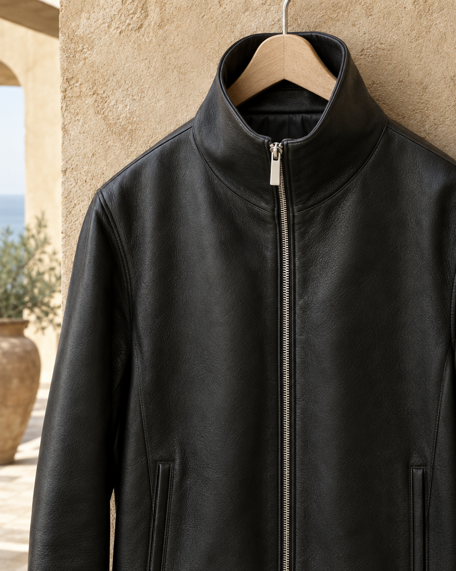 ONORA Graciela High-Neck Zip-Up Leather Jacket — funnel neck and zip detail