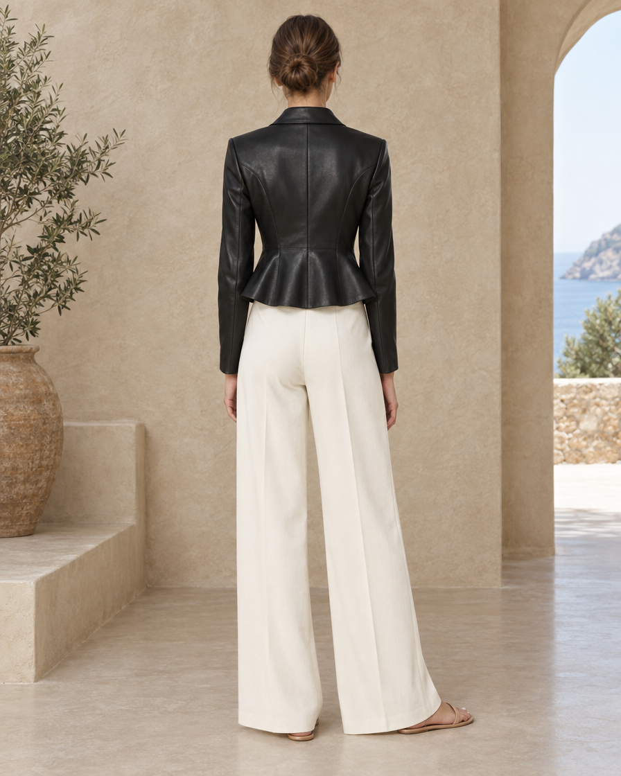 ONORA Valentine Cropped Fit-and-Flare Leather Jacket — full length back