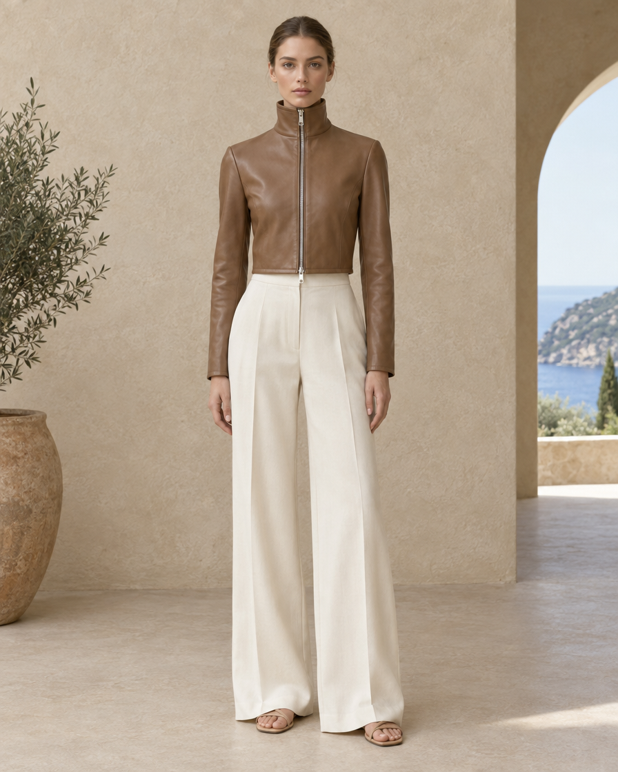 ONORA Rania Cropped High-Neck Leather Jacket — full length front, Light Brown