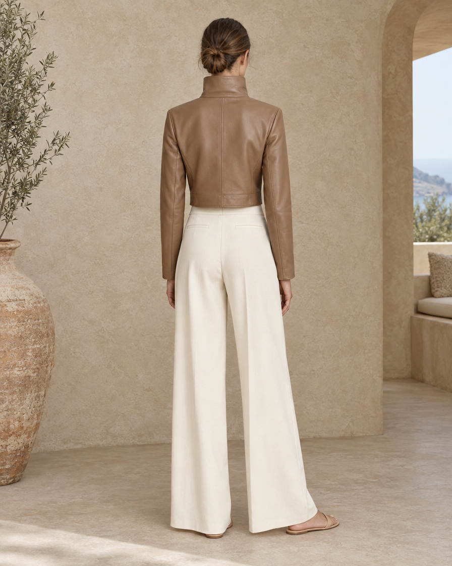 ONORA Rania Cropped High-Neck Leather Jacket — full length back
