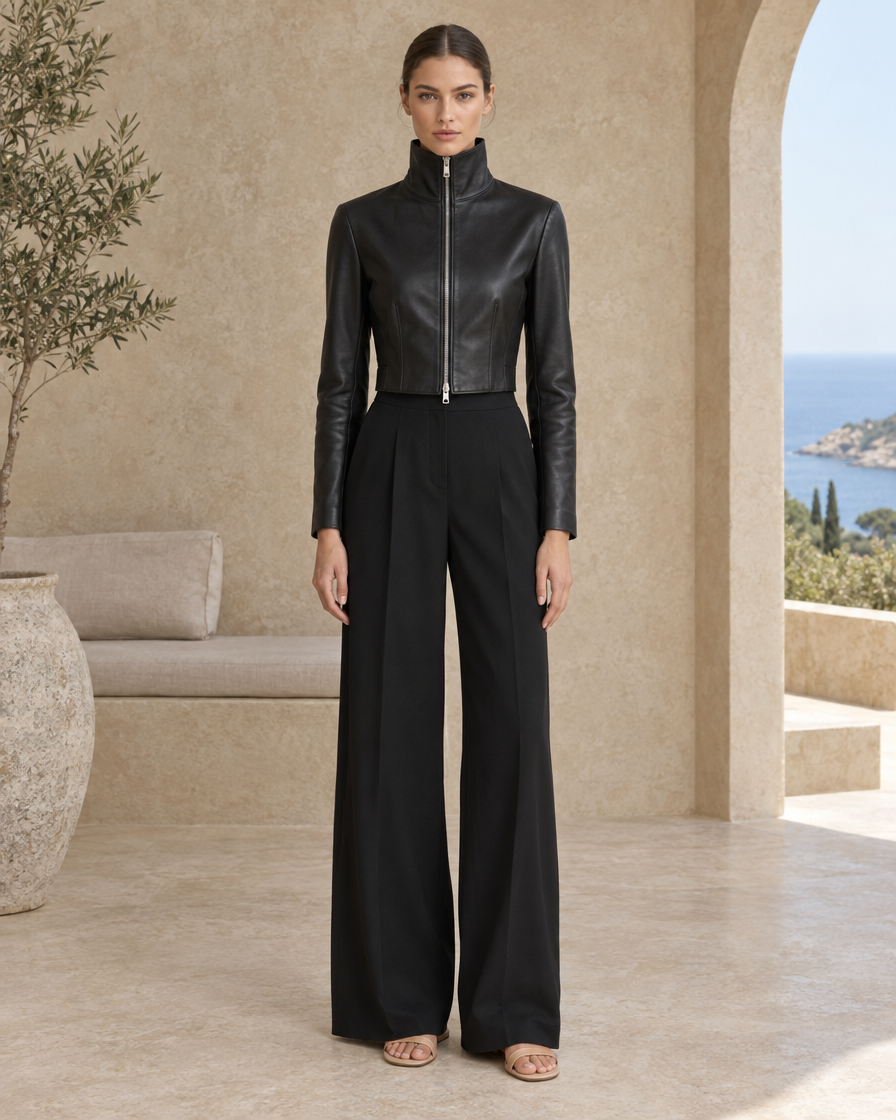 ONORA Rania Cropped High-Neck Leather Jacket — Black