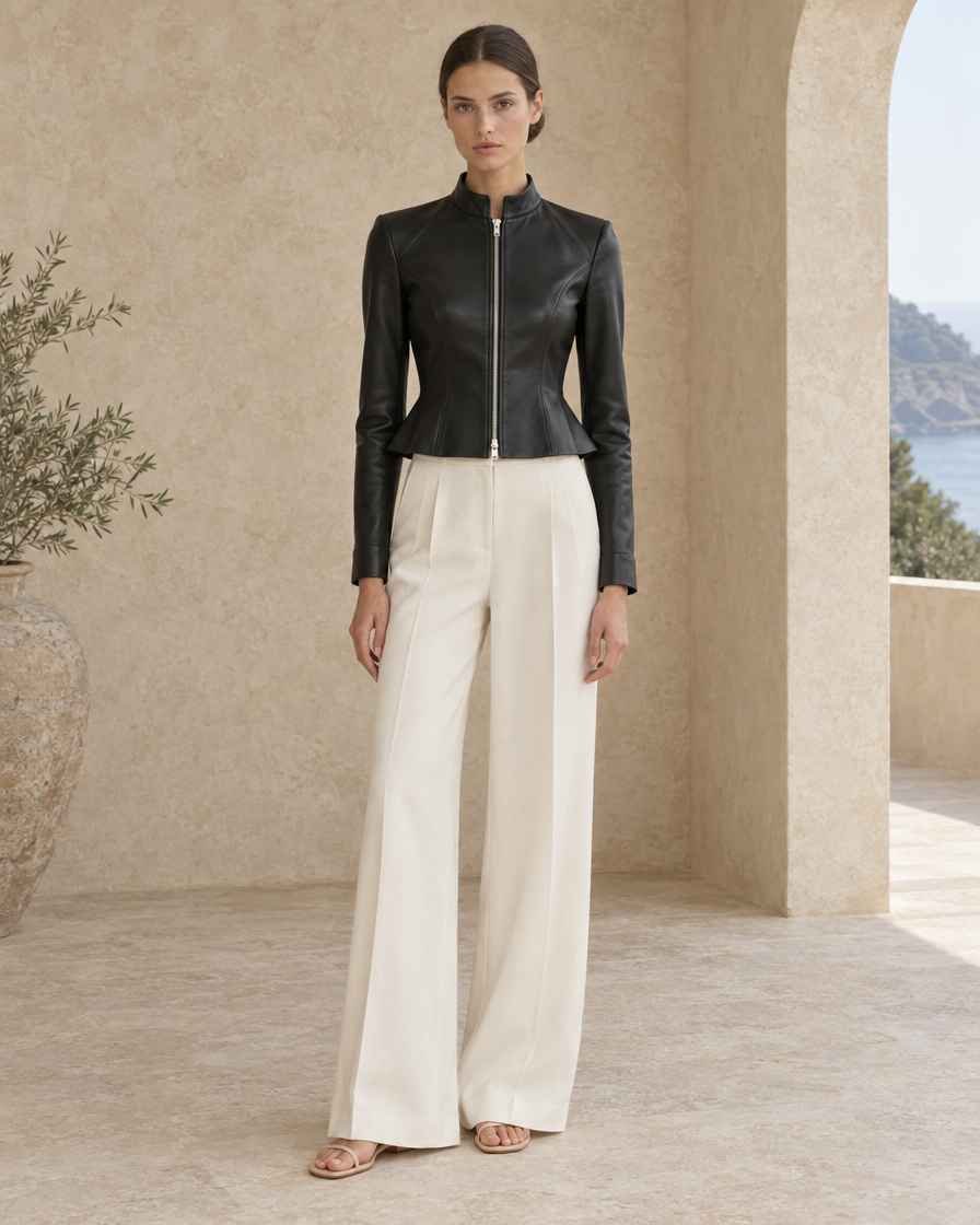 ONORA Valentine Cropped Fit-and-Flare Leather Jacket — full length front, Black