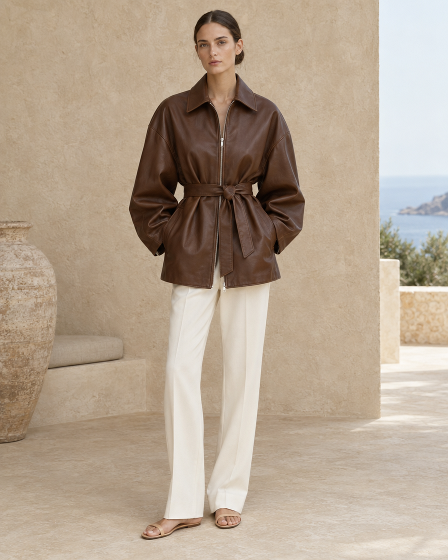 ONORA Nicolosa Belted Oversized Leather Jacket — full length front, Brown
