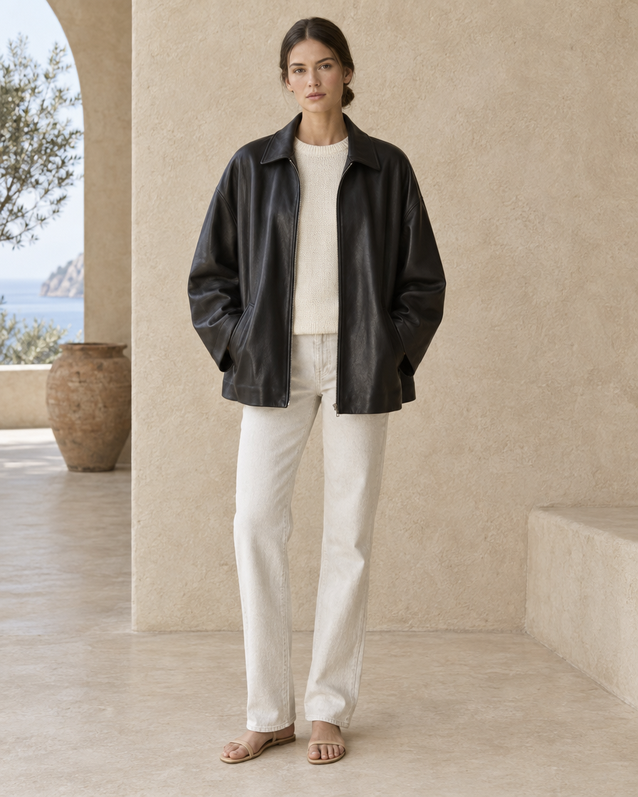 ONORA Foscarina Oversized Soft Leather Jacket — full length front, Black