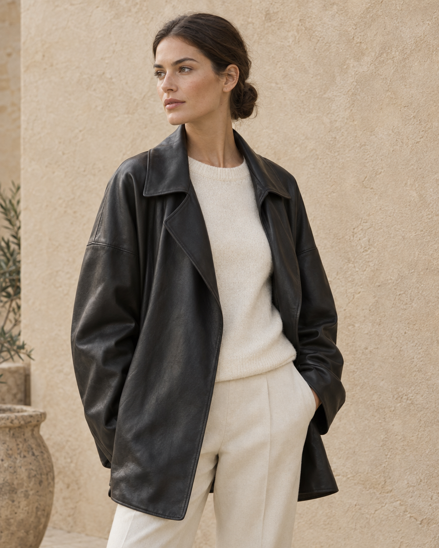 ONORA Foscarina Oversized Soft Leather Jacket — three-quarter view