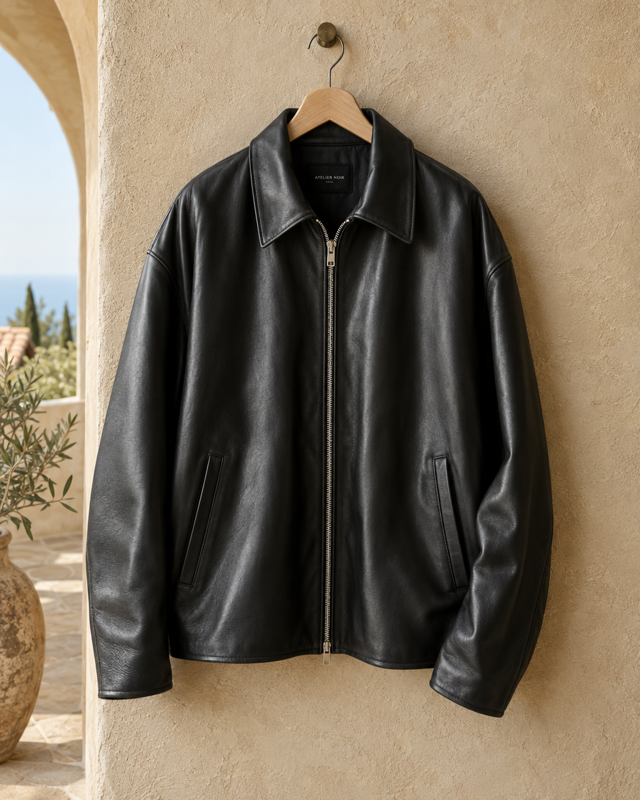 ONORA Foscarina Oversized Soft Leather Jacket — soft leather drape detail