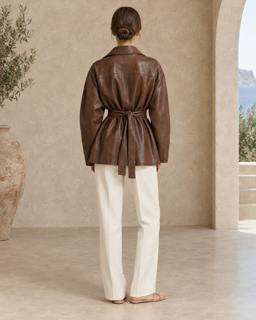 ONORA Nicolosa Belted Oversized Leather Jacket — full length back