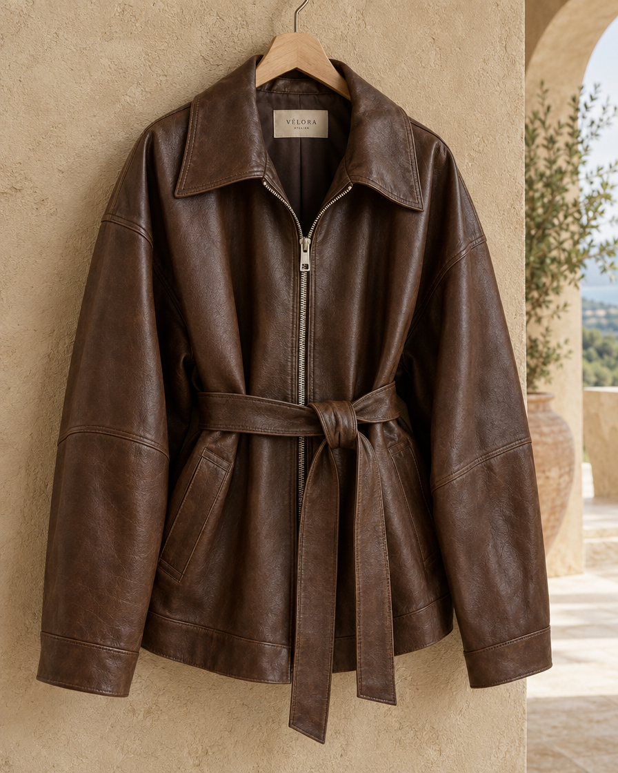 ONORA Nicolosa Belted Oversized Leather Jacket — belt and zip detail