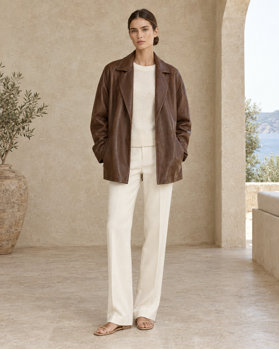 ONORA Foscarina Oversized Soft Leather Jacket — Brown