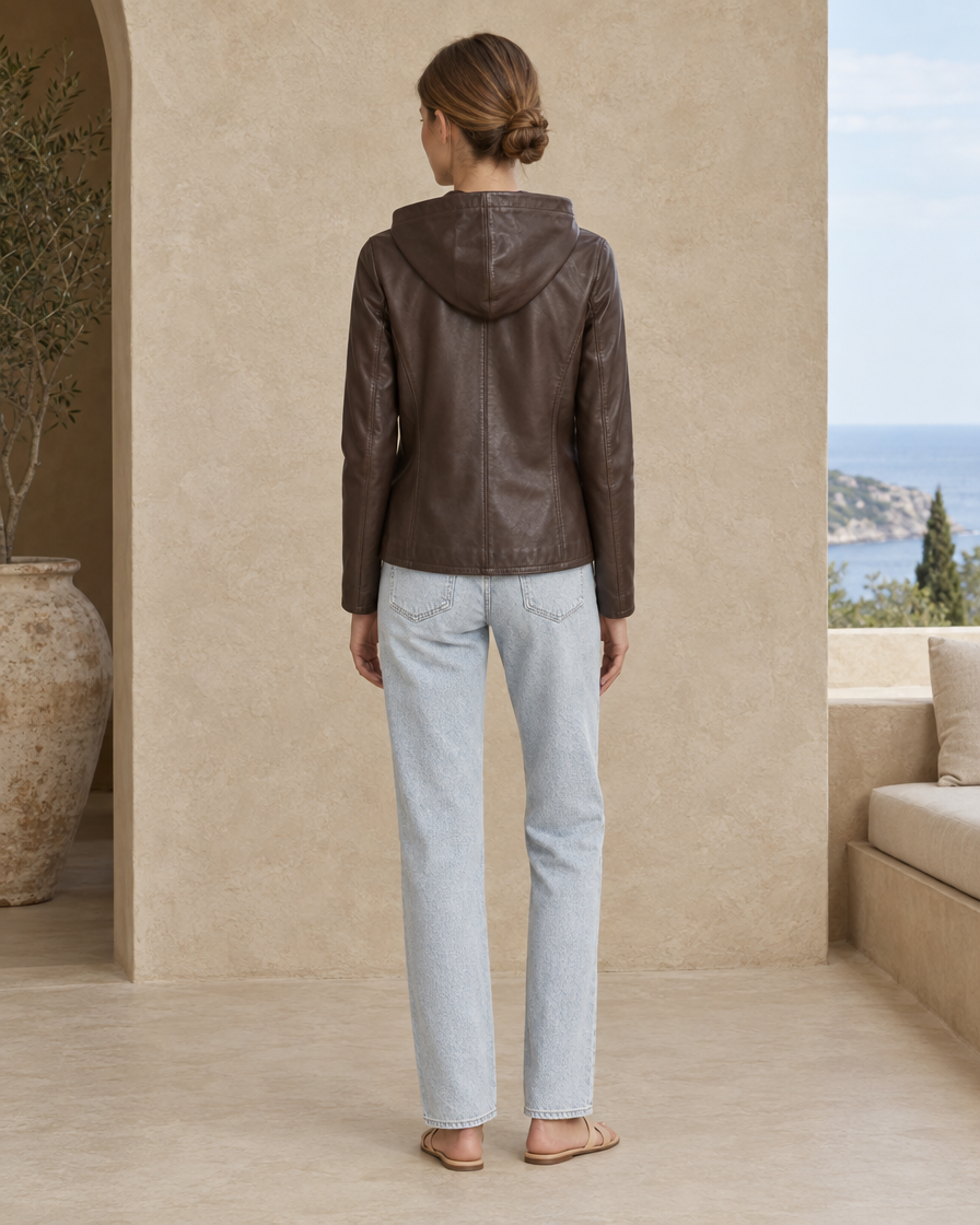 ONORA Fernanda Hooded Leather Jacket — full length back
