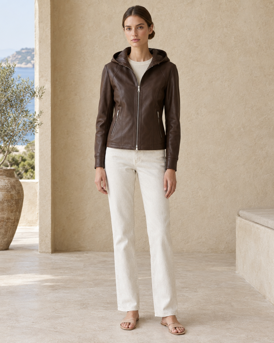 ONORA Fernanda Hooded Leather Jacket — full length front, Dark Brown